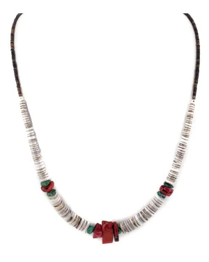 .925 Sterling Silver Navajo Certified Authentic Coral and Natural Turquoise Graduated Heishi Native American Necklace 95005