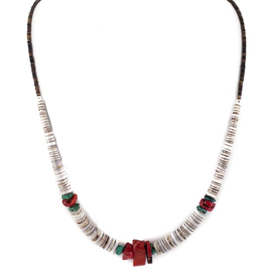 .925 Sterling Silver Navajo Certified Authentic Coral and Natural Turquoise Graduated Heishi Native American Necklace 95005