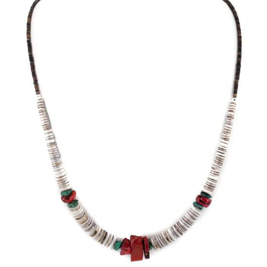.925 Sterling Silver Navajo Certified Authentic Coral and Natural Turquoise Graduated Heishi Native American Necklace 95005
