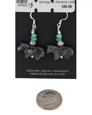 Certified Authentic Horse Navajo .925 Sterling Silver Hooks Natural Turquoise and Jasper Dangle Native American Earrings 97002-15