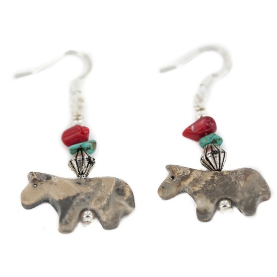 Horse Certified Authentic Navajo .925 Sterling Silver Hooks Natural Turquoise and Green Jasper Coral Dangle Native American Earrings 97002-8 Horse Certified Authentic Navajo .925 Sterling Silver Hooks Natural Turquoise and Green Jasper Coral Dangle Native American Earrings 97002-8