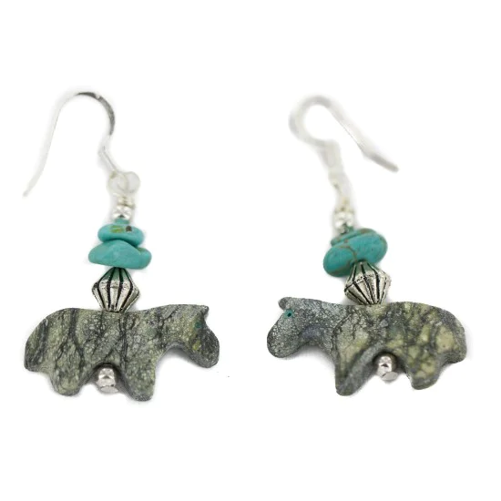 Horse Certified Authentic Navajo .925 Sterling Silver Hooks Natural Turquoise and Green Jasper Dangle Native American Earrings 97002-9