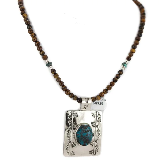Certified Authentic .925 Sterling Silver and Nickel Handmade Navajo Natural Turquoise Tigers Eye Native American Necklace  94005-6-95001-1