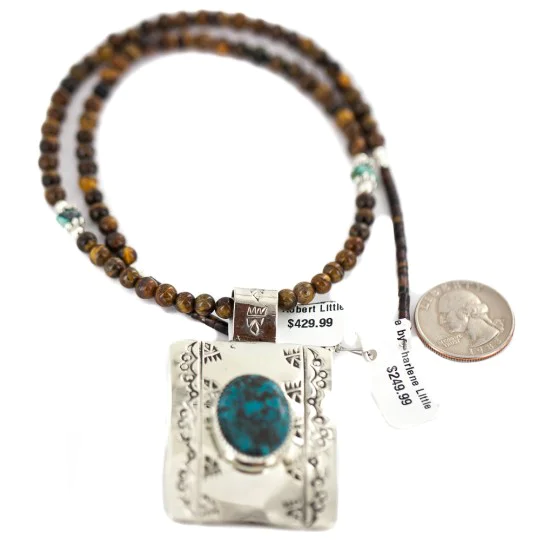 Certified Authentic .925 Sterling Silver and Nickel Handmade Navajo Natural Turquoise Tigers Eye Native American Necklace  94005-6-95001-1