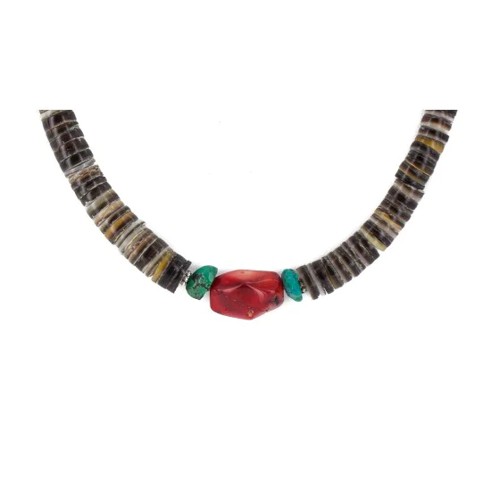 .925 Sterling Silver Certified Authentic Navajo Natural Turquoise Graduated Heishi Coral Native American Necklace 95004-10 .925 Sterling Silver Certified Authentic Navajo Natural Turquoise Graduated Heishi Coral Native American Necklace 95004-10