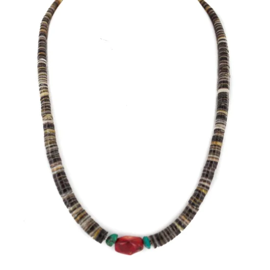 .925 Sterling Silver Certified Authentic Navajo Natural Turquoise Graduated Heishi Coral Native American Necklace 95004-10 .925 Sterling Silver Certified Authentic Navajo Natural Turquoise Graduated Heishi Coral Native American Necklace 95004-10
