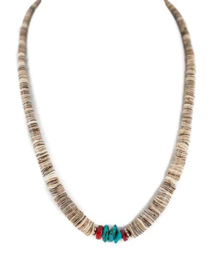 .925 Sterling Silver Navajo Certified Authentic Natural Turquoise Graduated Heishi Coral Native American Necklace 95004-3