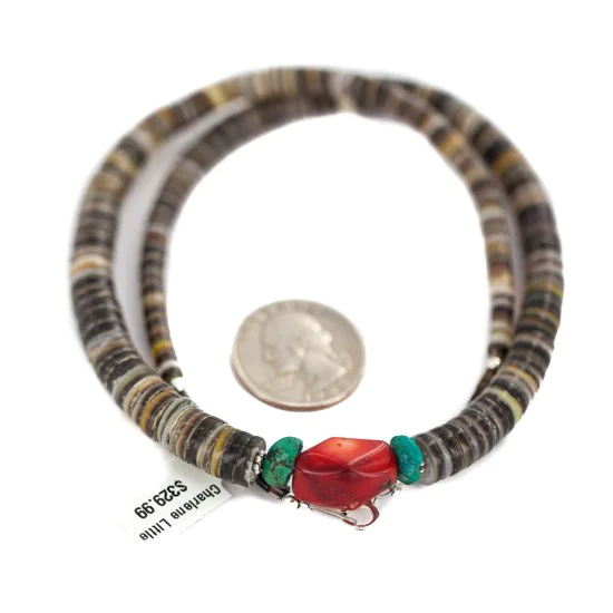.925 Sterling Silver Certified Authentic Navajo Natural Turquoise Graduated Heishi Coral Native American Necklace 95004-10 .925 Sterling Silver Certified Authentic Navajo Natural Turquoise Graduated Heishi Coral Native American Necklace 95004-10