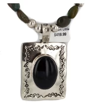 Certified Authentic .925 Sterling Silver and Nickel Handmade Navajo Natural Turquoise Black Onyx Native American Necklace 94006-2-95003-2 Certified Authentic .925 Sterling Silver and Nickel Handmade Navajo Natural Turquoise Black Onyx Native American Necklace 94006-2-95003-2