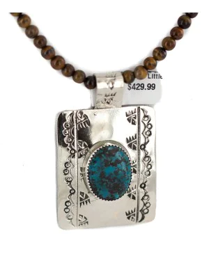 Certified Authentic .925 Sterling Silver and Nickel Handmade Navajo Natural Turquoise Tigers Eye Native American Necklace  94005-6-95001-1