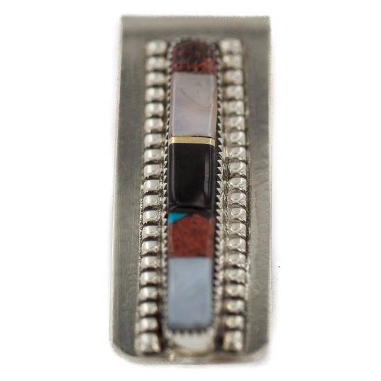 Navajo Handmade Certified Authentic .925 Sterling Silver Inlaid Natural Mother of Pearl Black Onyx Spiny Oyster Turquoise Native American Nickel Money Clip 91003-8 Navajo Handmade Certified Authentic .925 Sterling Silver Inlaid Natural Mother of Pearl Black Onyx Spiny Oyster Turquoise Native American Nickel Money Clip 91003-8