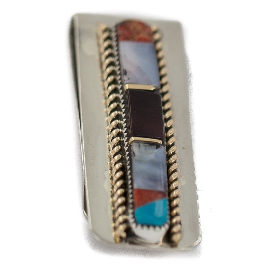 Navajo Handmade Certified Authentic .925 Sterling Silver Inlaid Natural Mother of Pearl Spiny Oyster Red Jasper Turquoise Native American Nickel Money Clip 91003-6 Navajo Handmade Certified Authentic .925 Sterling Silver Inlaid Natural Mother of Pearl Spiny Oyster Red Jasper Turquoise Native American Nickel Money Clip 91003-6