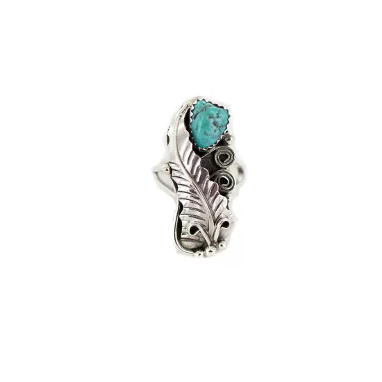 Leaf Navajo .925 Sterling Silver Certified Authentic Handmade Natural Turquoise Native American Ring Size 7 13089-1 Leaf Navajo .925 Sterling Silver Certified Authentic Handmade Natural Turquoise Native American Ring Size 7 13089-1