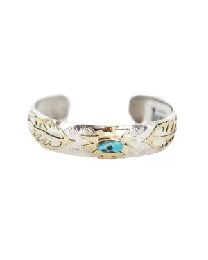 12kt Gold Filled and .925 Sterling Silver Certified Authentic Feather Handmade Navajo Natural Turquoise Native American Bracelet  13094-6