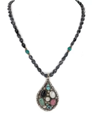 .925 Sterling Silver Handmade Certified Authentic Navajo Natural Turquoise Snowflake Obsidian Black Onyx Mother of Pearl Charoite Native American Necklace 16048-16037-5 .925 Sterling Silver Handmade Certified Authentic Navajo Natural Turquoise Snowflake Obsidian Black Onyx Mother of Pearl Charoite Native American Necklace 16048-16037-5