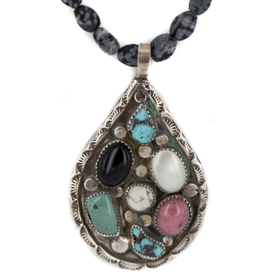 .925 Sterling Silver Handmade Certified Authentic Navajo Natural Turquoise Snowflake Obsidian Black Onyx Mother of Pearl Charoite Native American Necklace 16048-16037-5