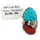 .925 Sterling Silver Certified Authentic Zuni Signed Coral Natural Turquoise Native American Pendant 24484