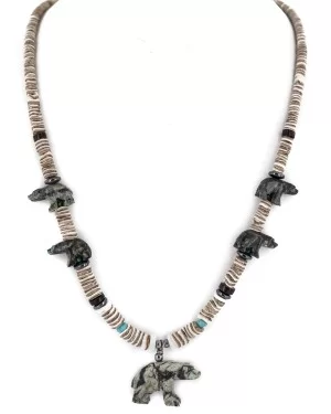 Bear Certified Authentic Navajo .925 Sterling Silver Natural Hematite Graduated Heishi Turquoise Jasper Native American Necklace 16049-2