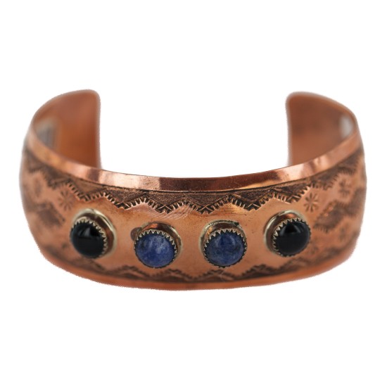 Certified Authentic Navajo .925 Sterling Silver Handmade Natural Lapis and Black Onyx Native American Pure Copper Bracelet 12802-01 All Products NB160313165427 12802-01 (by LomaSiiva)