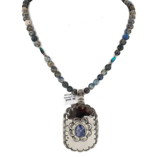 Certified Authentic .925 Sterling Silver and Nickel Handmade Navajo Natural Lapis Native American Necklace 13130-1-18204