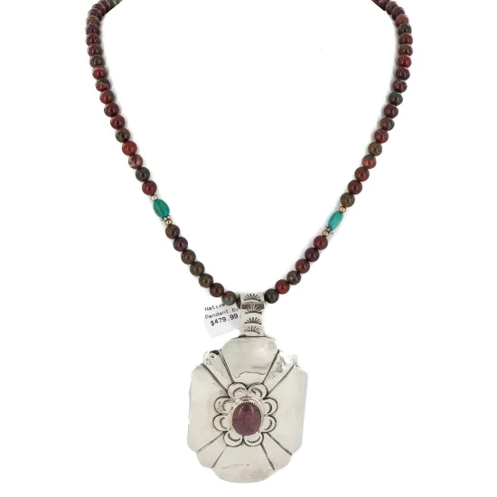 Certified Authentic .925 Sterling Silver and Nickel Handmade Navajo Natural Turquoise Charoite Agate Native American Necklace 13130-3-18207 Certified Authentic .925 Sterling Silver and Nickel Handmade Navajo Natural Turquoise Charoite Agate Native American Necklace 13130-3-18207