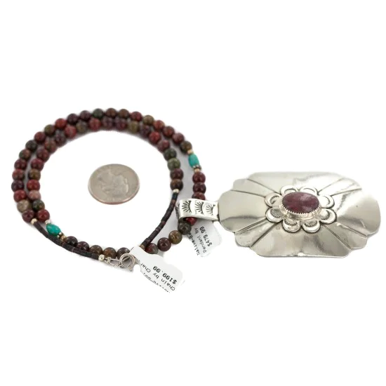 Certified Authentic .925 Sterling Silver and Nickel Handmade Navajo Natural Turquoise Charoite Agate Native American Necklace 13130-3-18207 Certified Authentic .925 Sterling Silver and Nickel Handmade Navajo Natural Turquoise Charoite Agate Native American Necklace 13130-3-18207