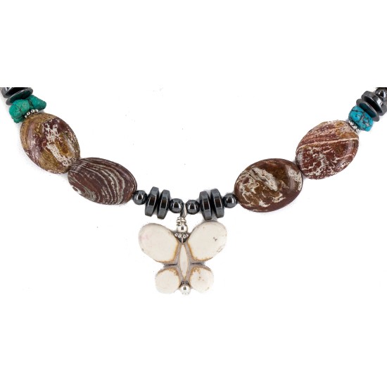Certified Authentic Butterfly Navajo .925 Sterling Silver Natural Turquoise Jasper Hematite Wood Native American Necklace 750199-9 Certified Authentic Butterfly Navajo .925 Sterling Silver Natural Turquoise Jasper Hematite Wood Native American Necklace 750199-9