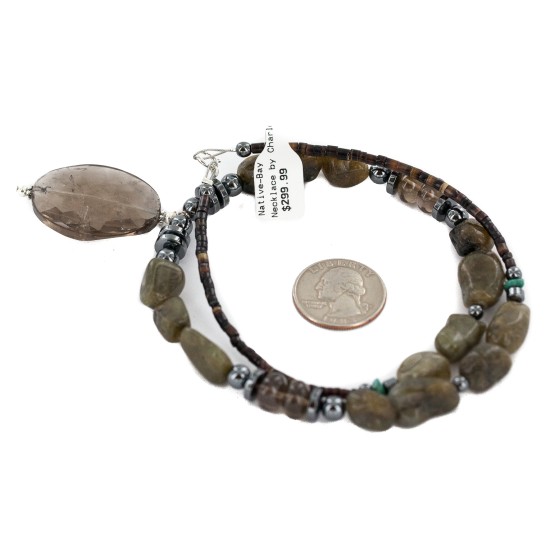Certified Authentic Navajo .925 Sterling Silver Natural Agate Smoky Quartz Hematite Native American Necklace 750198-9 Certified Authentic Navajo .925 Sterling Silver Natural Agate Smoky Quartz Hematite Native American Necklace 750198-9