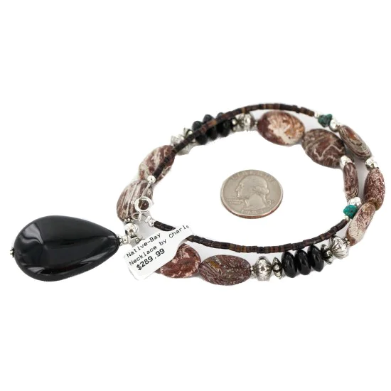Certified Authentic Navajo .925 Sterling Silver Natural Turquoise Jasper Black Onyx Native American Necklace  750199-5