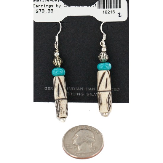 .925 Sterling Silver Hooks Certified Authentic Natural Turquoise Bone Native American Dangle Earrings 18216-2