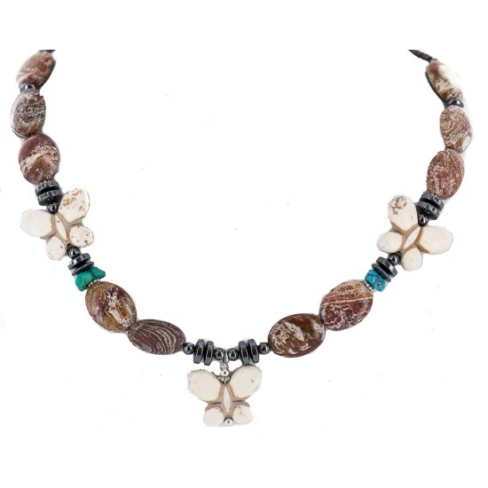 Certified Authentic Butterfly Navajo .925 Sterling Silver Natural Turquoise Jasper Hematite Wood Native American Necklace 750199-9 Certified Authentic Butterfly Navajo .925 Sterling Silver Natural Turquoise Jasper Hematite Wood Native American Necklace 750199-9