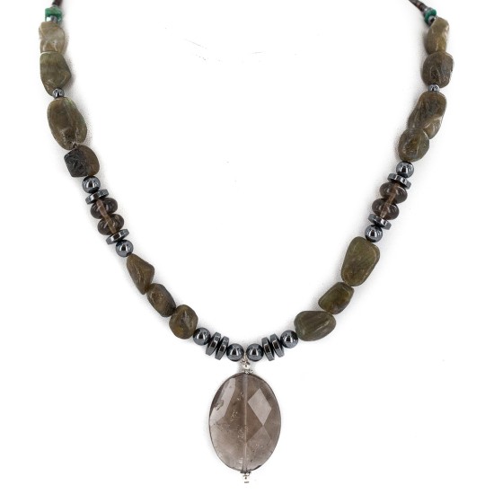 Certified Authentic Navajo .925 Sterling Silver Natural Agate Smoky Quartz Hematite Native American Necklace 750198-9 Certified Authentic Navajo .925 Sterling Silver Natural Agate Smoky Quartz Hematite Native American Necklace 750198-9