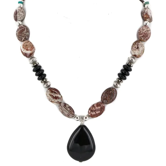 Certified Authentic Navajo .925 Sterling Silver Natural Turquoise Jasper Black Onyx Native American Necklace  750199-5