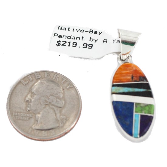 Navajo Oval Certified Authentic .925 Sterling Silver Natural Multicolor Real Handmade Native American Inlaid Pendant 24490-2 Navajo Oval Certified Authentic .925 Sterling Silver Natural Multicolor Real Handmade Native American Inlaid Pendant 24490-2