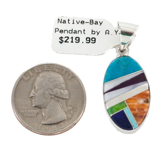 Oval Navajo Certified Authentic .925 Sterling Silver Natural Multicolor Real Handmade Native American Inlaid Pendant 24490-1 Oval Navajo Certified Authentic .925 Sterling Silver Natural Multicolor Real Handmade Native American Inlaid Pendant 24490-1