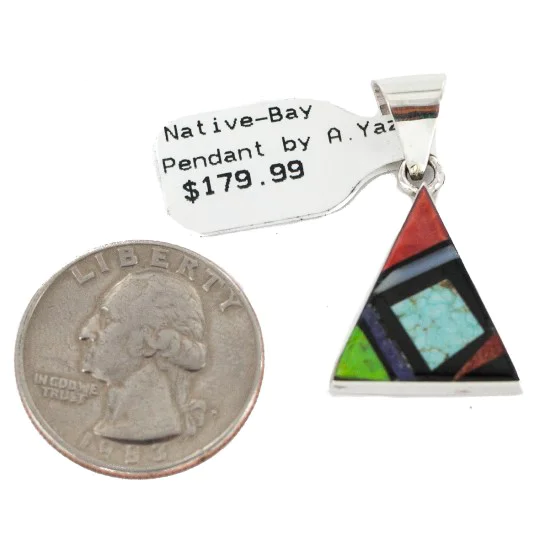Navajo Certified Authentic Triangle .925 Sterling Silver Natural Multicolor Real Handmade Native American Inlaid Pendant 24491-11 Navajo Certified Authentic Triangle .925 Sterling Silver Natural Multicolor Real Handmade Native American Inlaid Pendant 24491-11