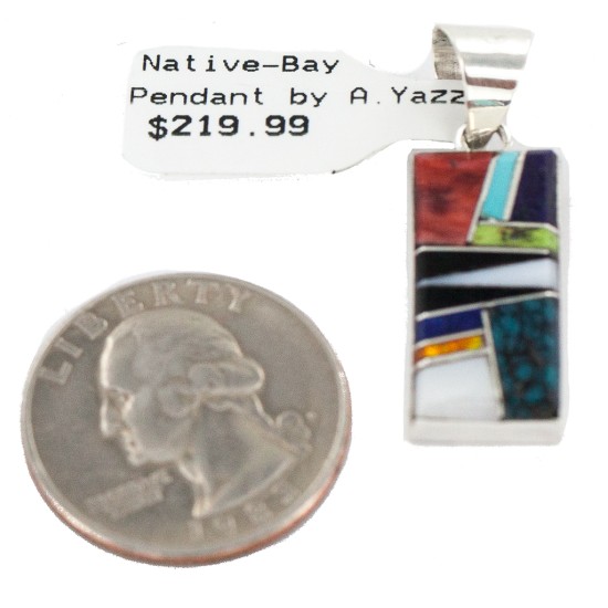Navajo Certified Authentic Rectangle .925 Sterling Silver Natural Multicolor Real Handmade Native American Inlaid Pendant 24490-10 Navajo Certified Authentic Rectangle .925 Sterling Silver Natural Multicolor Real Handmade Native American Inlaid Pendant 24490-10