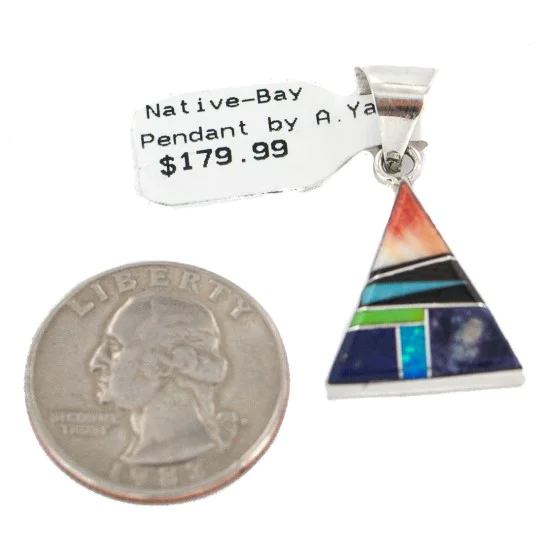 Certified Authentic Navajo Triangle .925 Sterling Silver Natural Multicolor Real Handmade Native American Inlaid Pendant 24491-2