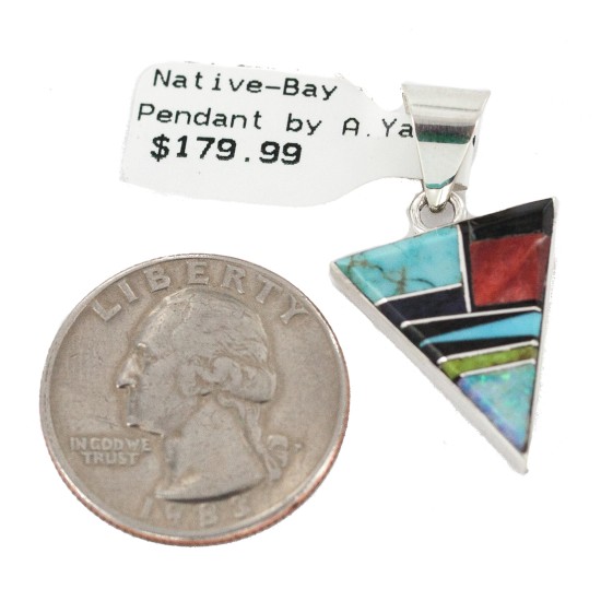 Navajo Triangle .925 Sterling Silver Certified Authentic Natural Multicolor Real Handmade Native American Inlaid Pendant 24491-13 All Products NB160324213714 24491-13 (by LomaSiiva)