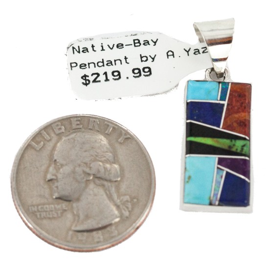 Rectangle Certified Authentic Navajo .925 Sterling Silver Natural Multicolor Real Handmade Native American Inlaid Pendant 24490-6 All Products NB160330185310 24490-6 (by LomaSiiva)
