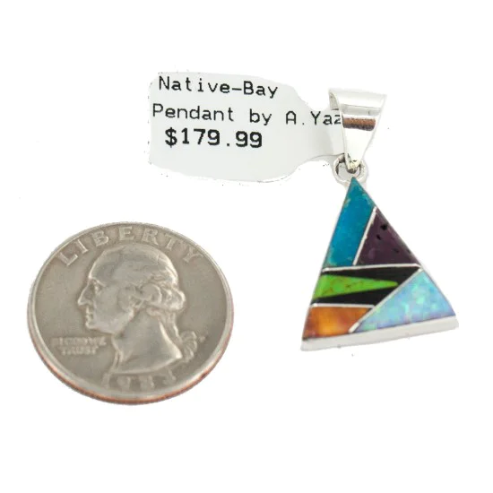 Triangle .925 Sterling Silver Certified Authentic Navajo Natural Multicolor Real Handmade Native American Inlaid Pendant 24491-18 Triangle .925 Sterling Silver Certified Authentic Navajo Natural Multicolor Real Handmade Native American Inlaid Pendant 24491-18