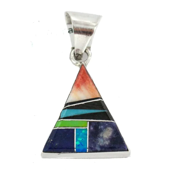 Certified Authentic Navajo Triangle .925 Sterling Silver Natural Multicolor Real Handmade Native American Inlaid Pendant 24491-2