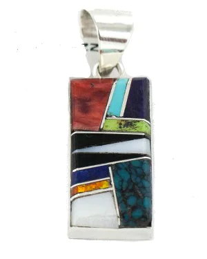 Navajo Certified Authentic Rectangle .925 Sterling Silver Natural Multicolor Real Handmade Native American Inlaid Pendant 24490-10 Navajo Certified Authentic Rectangle .925 Sterling Silver Natural Multicolor Real Handmade Native American Inlaid Pendant 24490-10