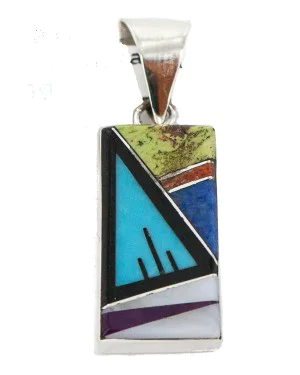 Navajo Certified Authentic Rectangle .925 Sterling Silver Natural Multicolor Real Handmade Native American Inlaid Pendant 24490-15 Navajo Certified Authentic Rectangle .925 Sterling Silver Natural Multicolor Real Handmade Native American Inlaid Pendant 24490-15