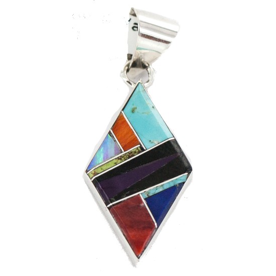 Navajo Certified Authentic Rhombus .925 Sterling Silver Natural Multicolor Real Handmade Native American Inlaid Pendant 24491-7 All Products NB160330183239 24491-7 (by LomaSiiva)