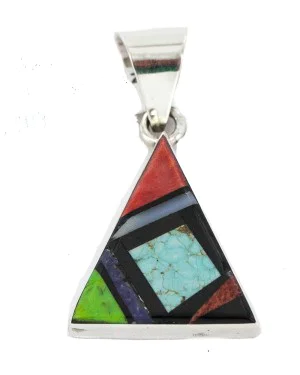Navajo Certified Authentic Triangle .925 Sterling Silver Natural Multicolor Real Handmade Native American Inlaid Pendant 24491-11 Navajo Certified Authentic Triangle .925 Sterling Silver Natural Multicolor Real Handmade Native American Inlaid Pendant 24491-11