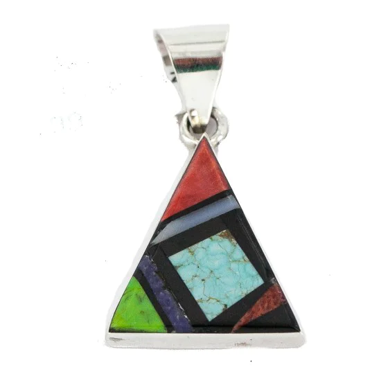 Navajo Certified Authentic Triangle .925 Sterling Silver Natural Multicolor Real Handmade Native American Inlaid Pendant 24491-11 Navajo Certified Authentic Triangle .925 Sterling Silver Natural Multicolor Real Handmade Native American Inlaid Pendant 24491-11
