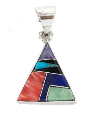 Navajo Certified Authentic Triangle .925 Sterling Silver Natural Multicolor Real Handmade Native American Inlaid Pendant 24491-14 Navajo Certified Authentic Triangle .925 Sterling Silver Natural Multicolor Real Handmade Native American Inlaid Pendant 24491-14