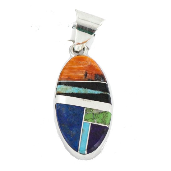 Navajo Oval Certified Authentic .925 Sterling Silver Natural Multicolor Real Handmade Native American Inlaid Pendant 24490-2 Navajo Oval Certified Authentic .925 Sterling Silver Natural Multicolor Real Handmade Native American Inlaid Pendant 24490-2