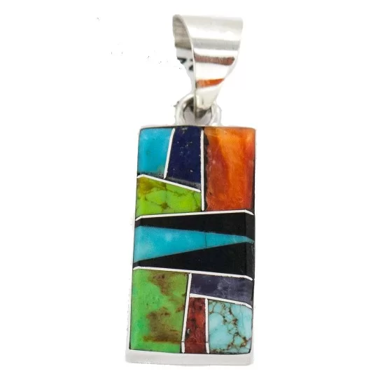 Navajo Rectangle Certified Authentic .925 Sterling Silver Natural Multicolor Real Handmade Native American Inlaid Pendant 24490-17 Navajo Rectangle Certified Authentic .925 Sterling Silver Natural Multicolor Real Handmade Native American Inlaid Pendant 24490-17